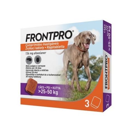 FRONTPRO® rágótabletta kutyáknak bolhák és kullancsok ellen (>25–50 kg) 136 mg; 3 tabletta