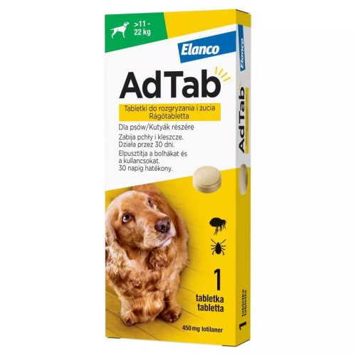 AdTab rágótabletta kutyáknak 450 mg (11-22 kg) bolha-kullancs ellen