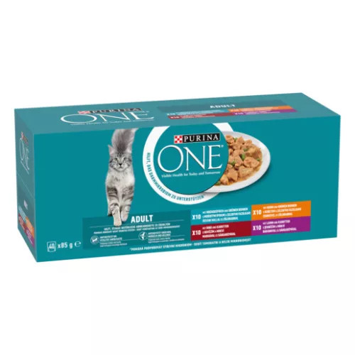PURINA ONE ADULT 40x85g csirkével/marhával/báránnyal/tengeri hallal szószban nedves macskaeledel