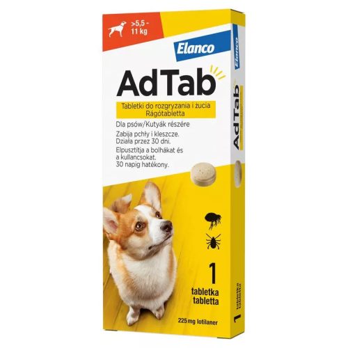 AdTab rágótabletta kutyáknak 225 mg (5,5-11 kg) bolha-kullancs ellen